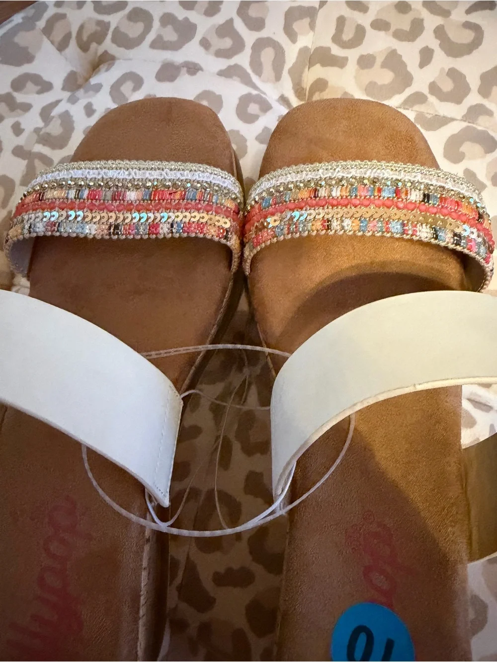 Jellypop Cream Slide Sandals with Multicolor Beaded Toe Strap